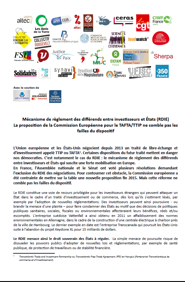 Mécanisme de règlement des différends entre investisseurs et États (RDIE)