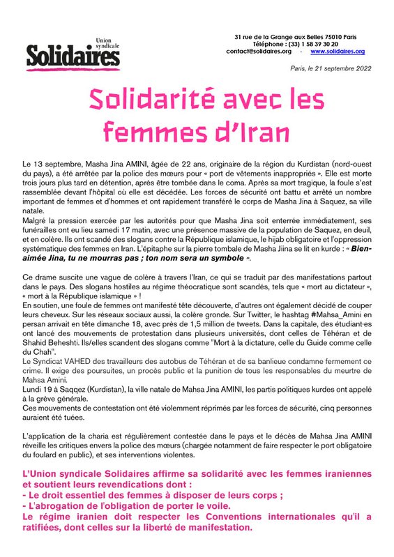 2022 09 - solidarité avec les femmes d'Iran