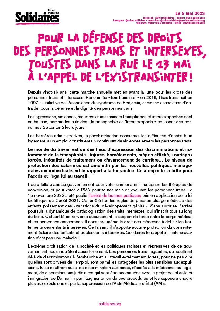 Pour La Défense Des Droits Des Personnes Trans Et Intersexes Toustes Dans La Rue Le 13 Mai à L