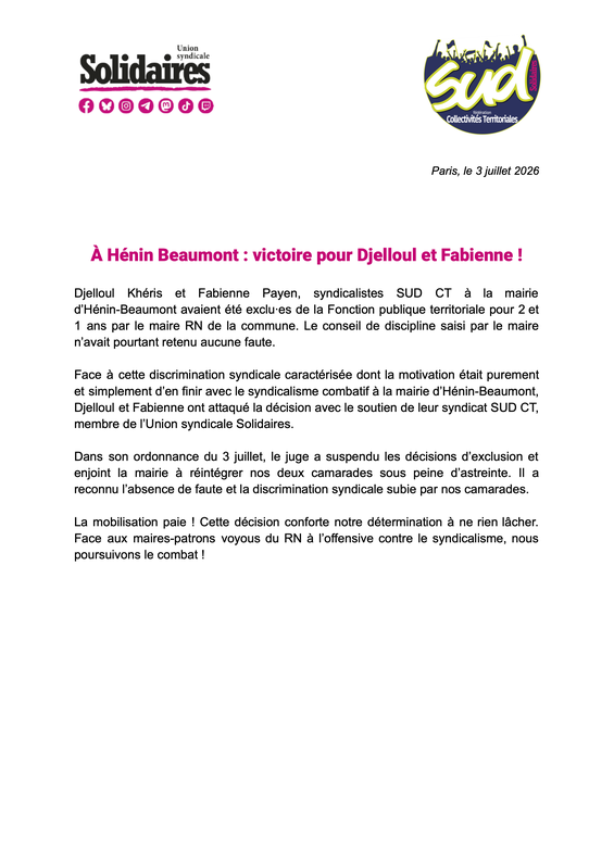 À Hénin-Beaumont le maire RN suspend deux syndicalistes SUD CT pour 1 et 2 ans -2