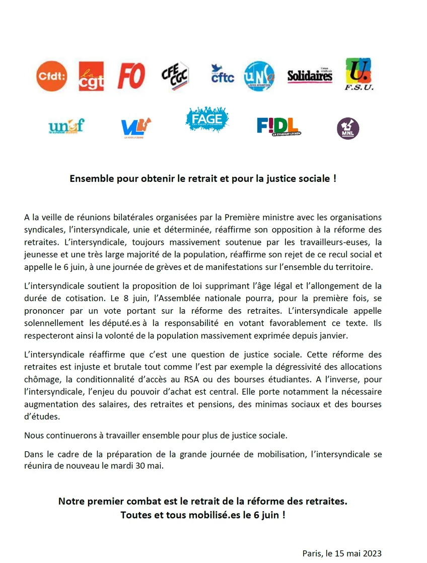tract d'appel à la grève du 6 huin 2023 - intersyndicale nationale