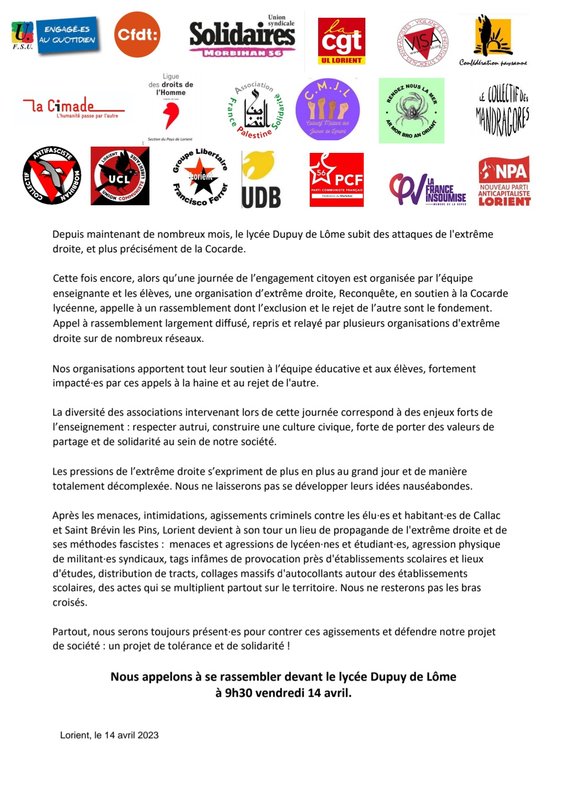 Communiqué inter-orga du Morbihan: Nouvelles menaces d’extrême droite à Lorient