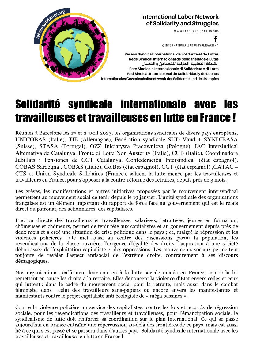 Solidarité syndicale internationale avec les travailleuses et travailleuses en lutte en France Fr - Cast
