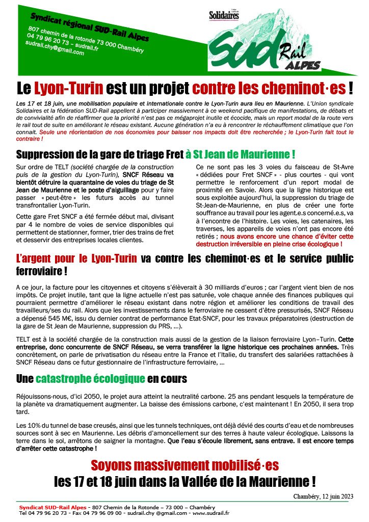 tract SUD Rail : 17 juin contre le Lyon Turin. Le Lyon-Turin est un projet contre les cheminot-es ! Et une catastrophe écologique !
